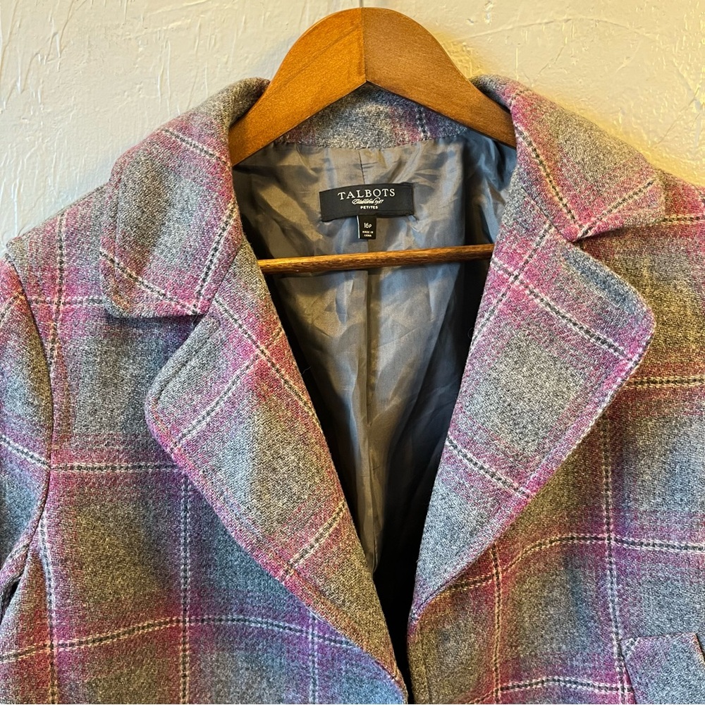 Talbots Gray Pink Plaid Wool Tweed Open Front Blazer Jacket 16P Career - Picture 3 of 10